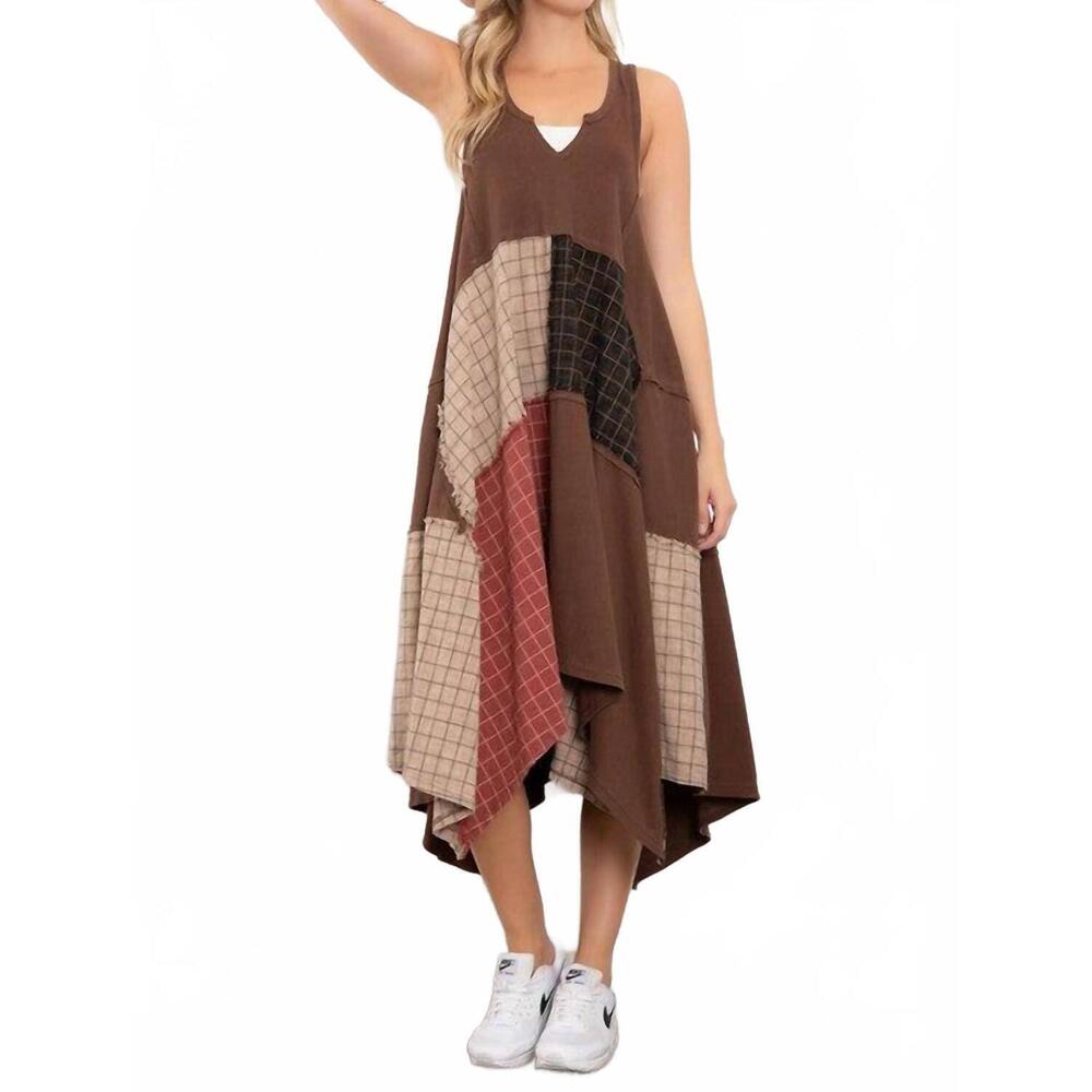 NEW BLUE VELVET patch work midi dress in brown multi